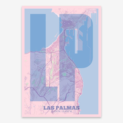 The map of Las-Palmas composed with letters in a heavy geometric font printed on pink and light blue