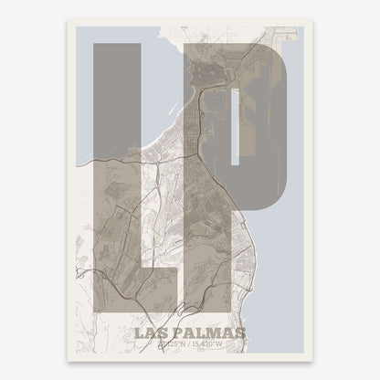 The map of Las-Palmas composed with letters in a heavy geometric font printed on light brown and an off-white background