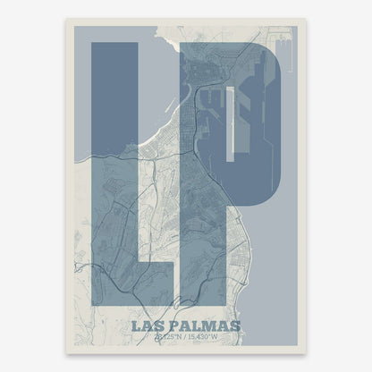 The map of Las-Palmas composed with letters in a heavy geometric font printed on bluish gray and an off-white background