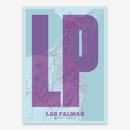 The map of Las-Palmas composed with letters in a heavy geometric font printed on purple and light blue