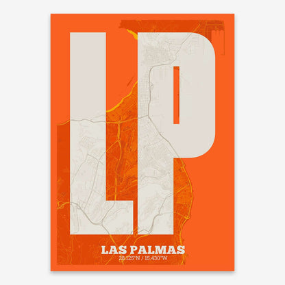 The map of Las-Palmas composed with letters in a heavy geometric font printed on orange and an off-white background