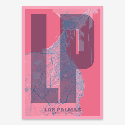 The map of Las-Palmas composed with letters in a heavy geometric font printed on violet y pink background