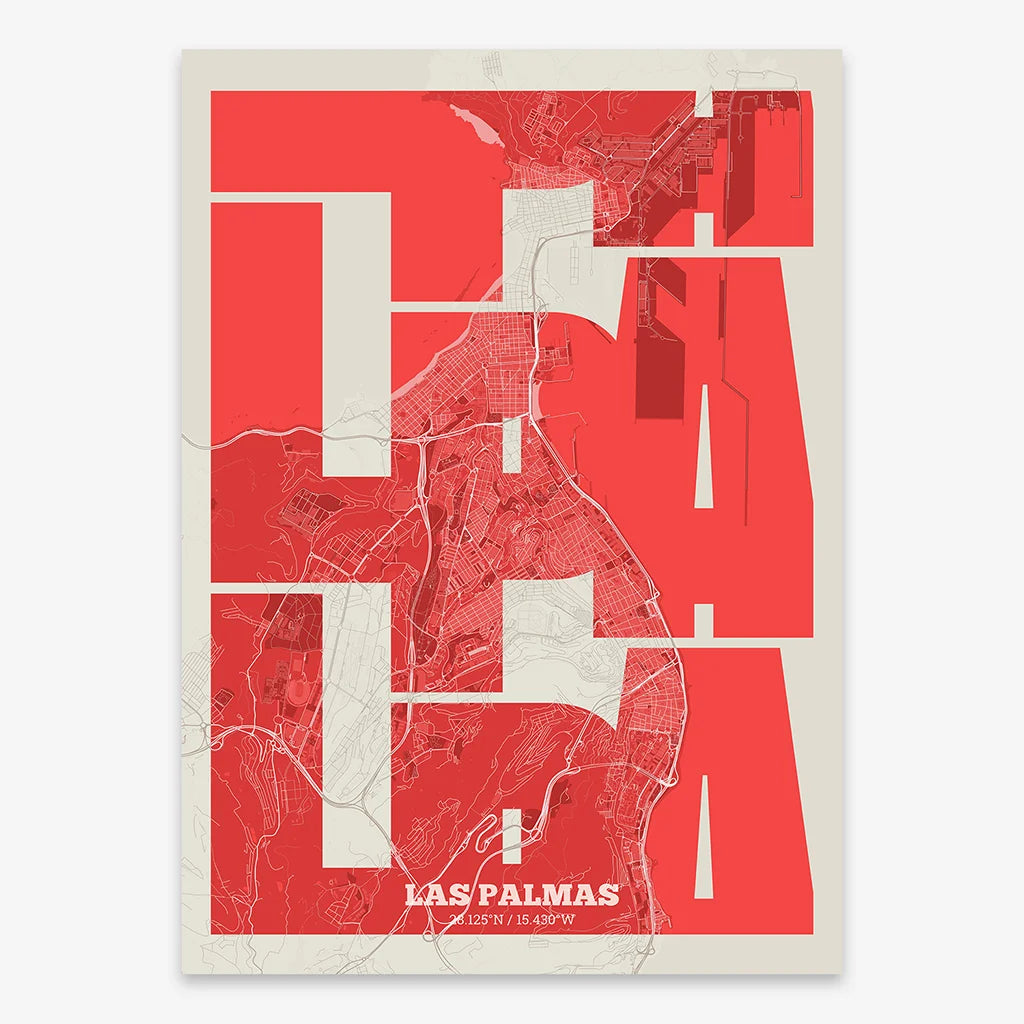 Poster of Las Palmas composed with letters from its abbreviation or its airport IATA code printed on red and an off-white background