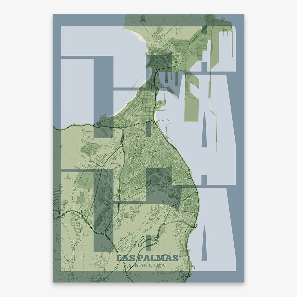 Poster of Las Palmas composed with letters from its abbreviation or its airport IATA code printed on two green tones