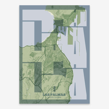 The map of Las-Palmas composed with letters from its name or IATA code printed on two green tones