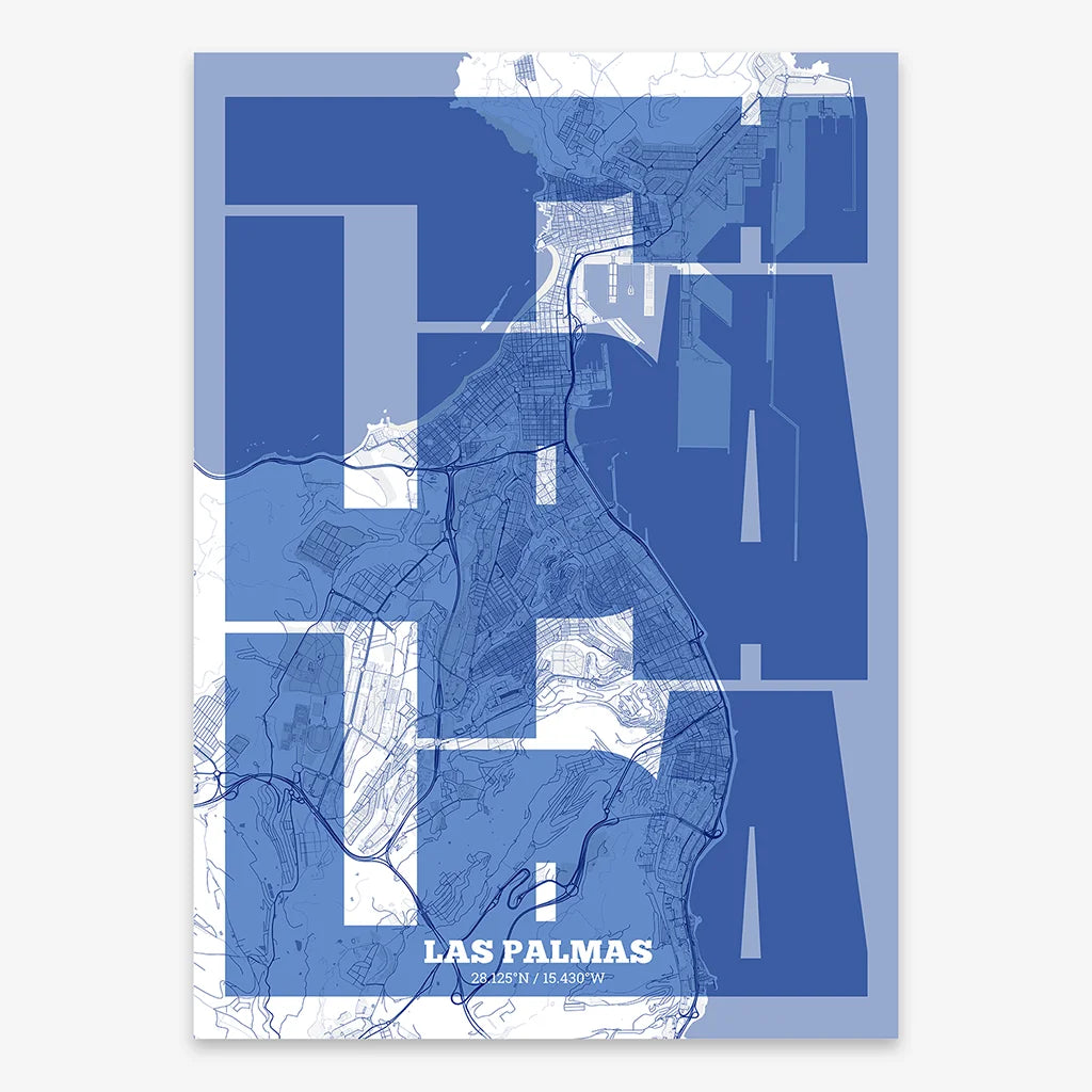 Poster of Las Palmas composed with letters from its abbreviation or its airport IATA code printed on navy blue and white