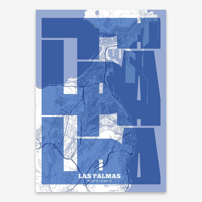 The map of Las-Palmas composed with letters from its name or IATA code printed on navy blue and white