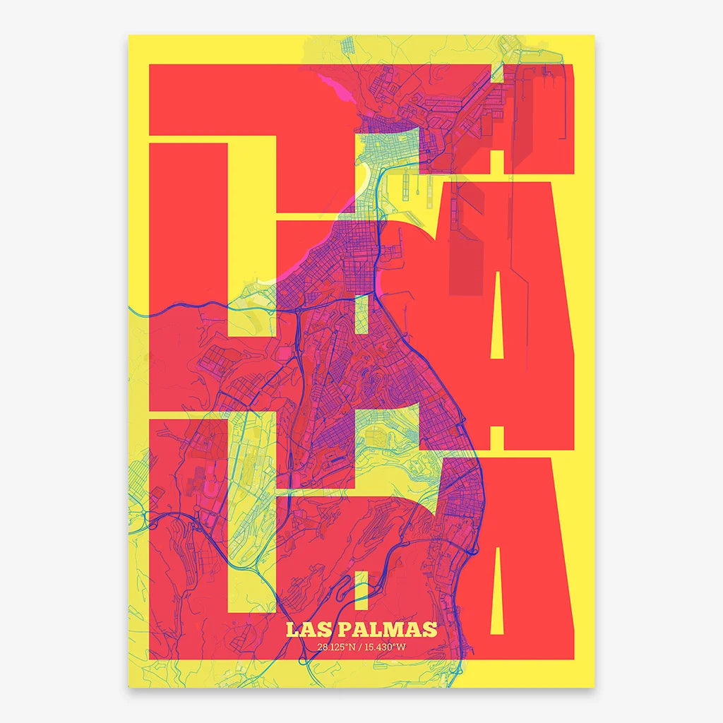 Poster of Las Palmas composed with letters from its abbreviation or its airport IATA code printed on yellow and fuchsia
