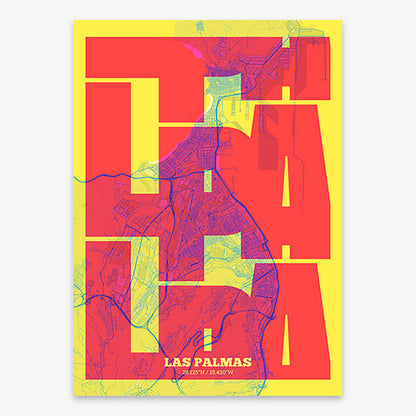 Poster of Las Palmas composed with letters from its abbreviation or its airport IATA code printed on yellow and fuchsia