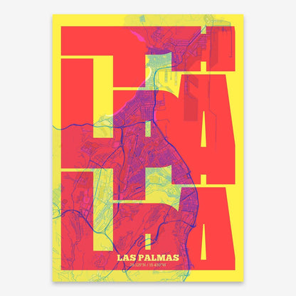 The map of Las-Palmas composed with letters from its name or IATA code printed on yellow and fuchsia
