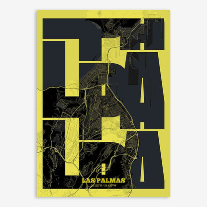 The map of Las-Palmas composed with letters from its name or IATA code printed on black and yellow