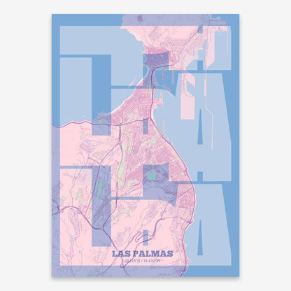 The map of Las-Palmas composed with letters from its name or IATA code printed on pink and light blue