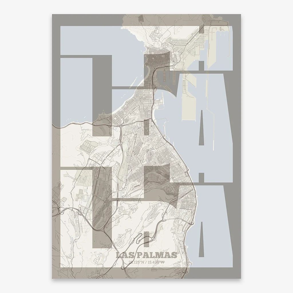 Poster of Las Palmas composed with letters from its abbreviation or its airport IATA code printed on light brown and an off-white background