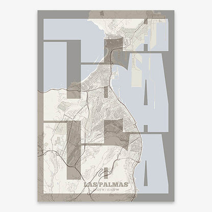 Poster of Las Palmas composed with letters from its abbreviation or its airport IATA code printed on light brown and an off-white background