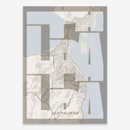 The map of Las-Palmas composed with letters from its name or IATA code printed on light brown and an off-white background