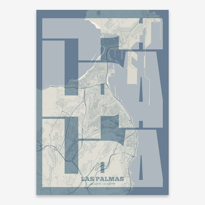 The map of Las-Palmas composed with letters from its name or IATA code printed on bluish gray and an off-white background