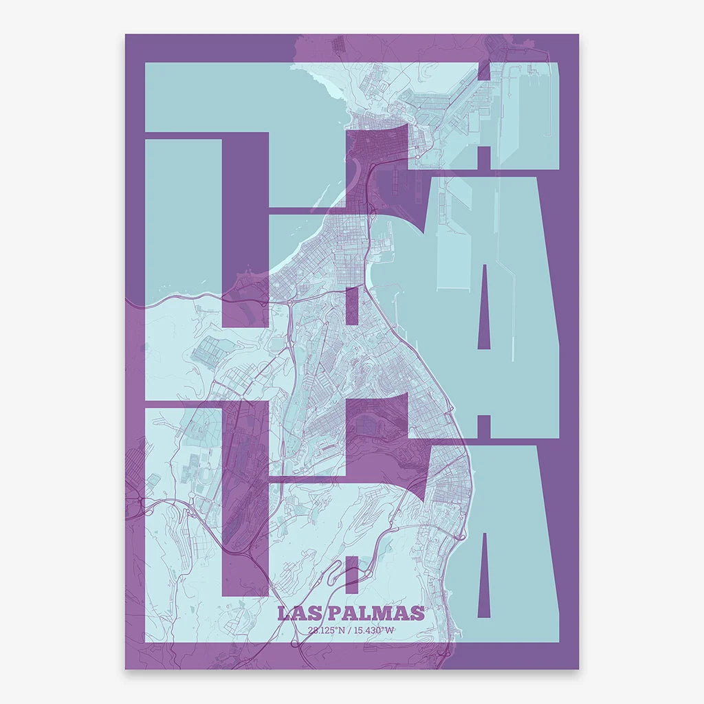 Poster of Las Palmas composed with letters from its abbreviation or its airport IATA code printed on purple and light blue