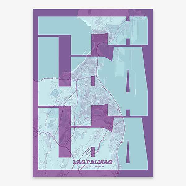 Poster of Las Palmas composed with letters from its abbreviation or its airport IATA code printed on purple and light blue
