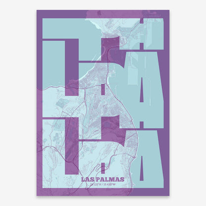 The map of Las-Palmas composed with letters from its name or IATA code printed on purple and light blue