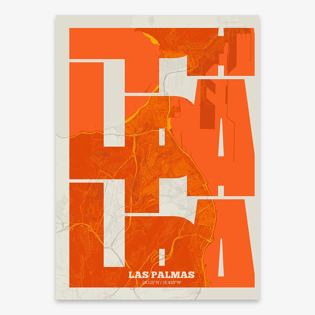 Poster of Las Palmas composed with letters from its abbreviation or its airport IATA code printed on orange and an off-white background