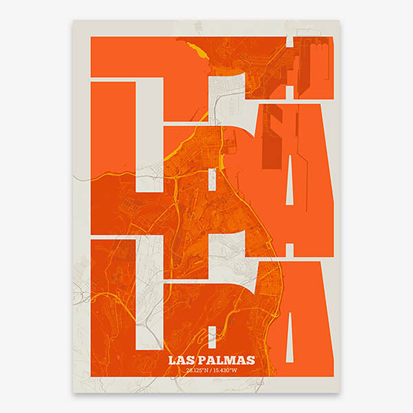 Poster of Las Palmas composed with letters from its abbreviation or its airport IATA code printed on orange and an off-white background