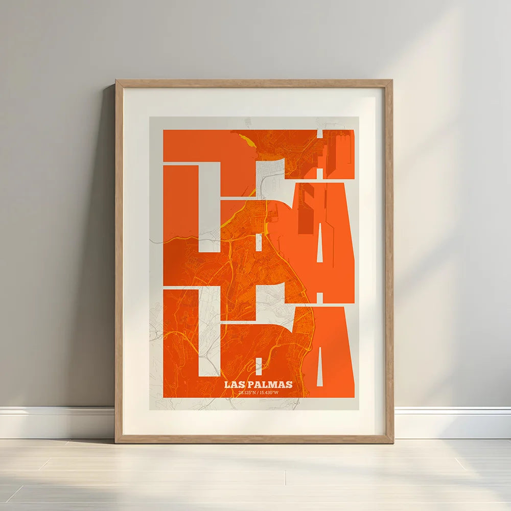 Framed Las Palmas in Inseparable design, featuring the city's abbreviation in expressive typography over a detailed urban map designed in orange and an off-white background with a white margin border in a warm lit minimalist setting