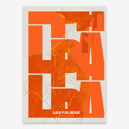The map of Las-Palmas composed with letters from its name or IATA code printed on orange and an off-white background