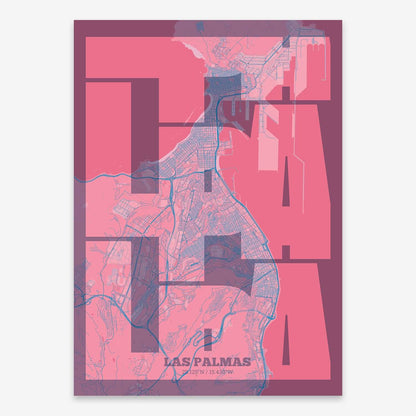 The map of Las-Palmas composed with letters from its name or IATA code printed on violet y pink background