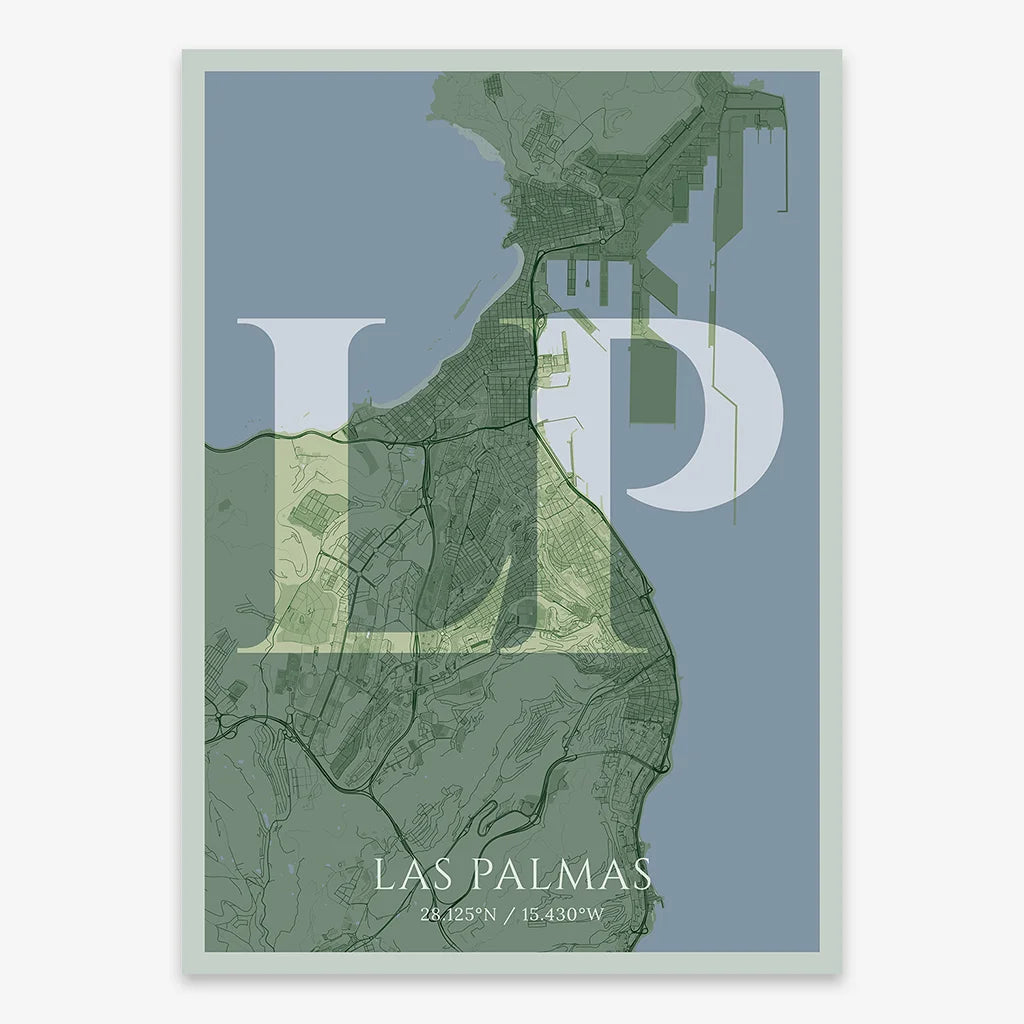 Decorative map of Las Palmas composed with letters in serif font printed on two green tones