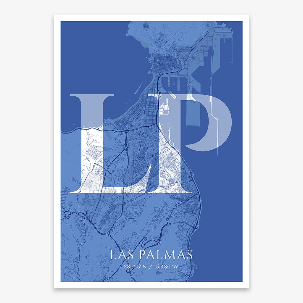 Decorative map of Las Palmas composed with letters in serif font printed on navy blue and white