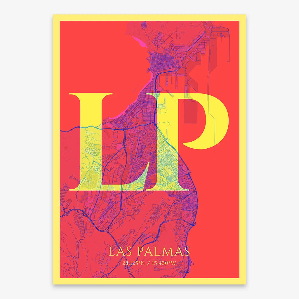 Decorative map of Las Palmas composed with letters in serif font printed on yellow and fuchsia
