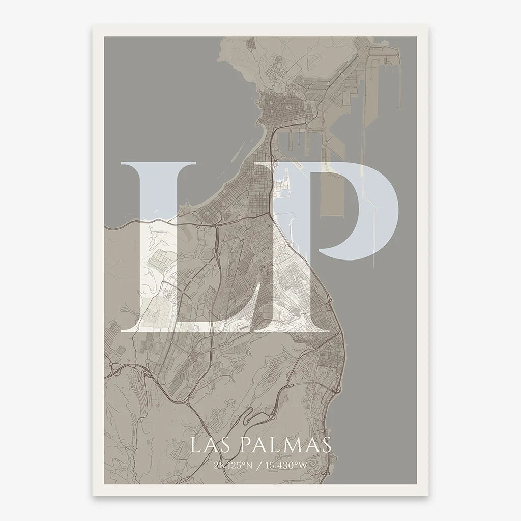 Decorative map of Las Palmas composed with letters in serif font printed on light brown and an off-white background