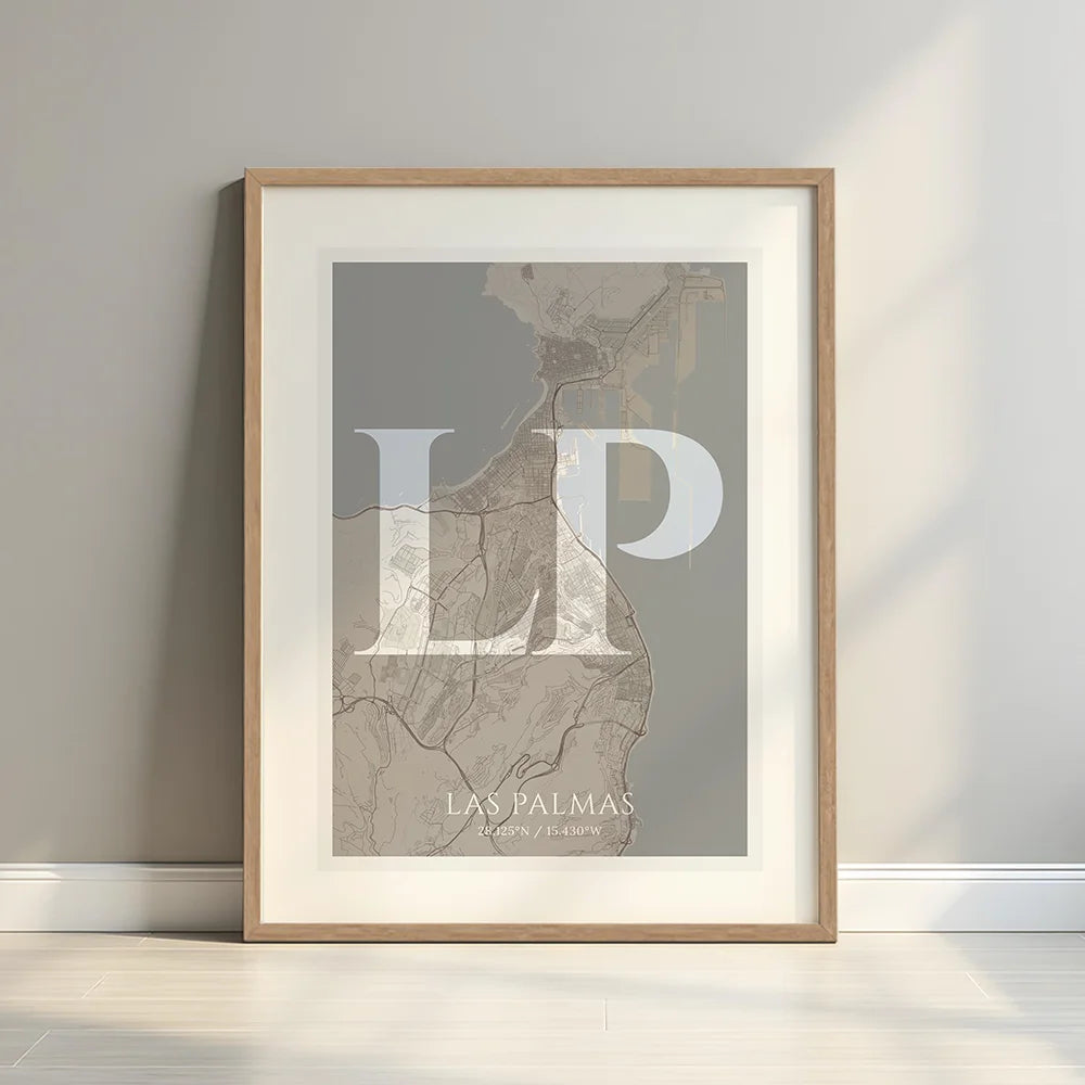 Framed Las Palmas in Classic design, inspired by chiseled typography with an elegant font that creates a beautiful visual contrast designed in light brown and an off-white background with a white margin border in a warm lit minimalist setting