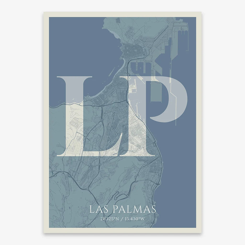 Decorative map of Las Palmas composed with letters in serif font printed on bluish gray and an off-white background