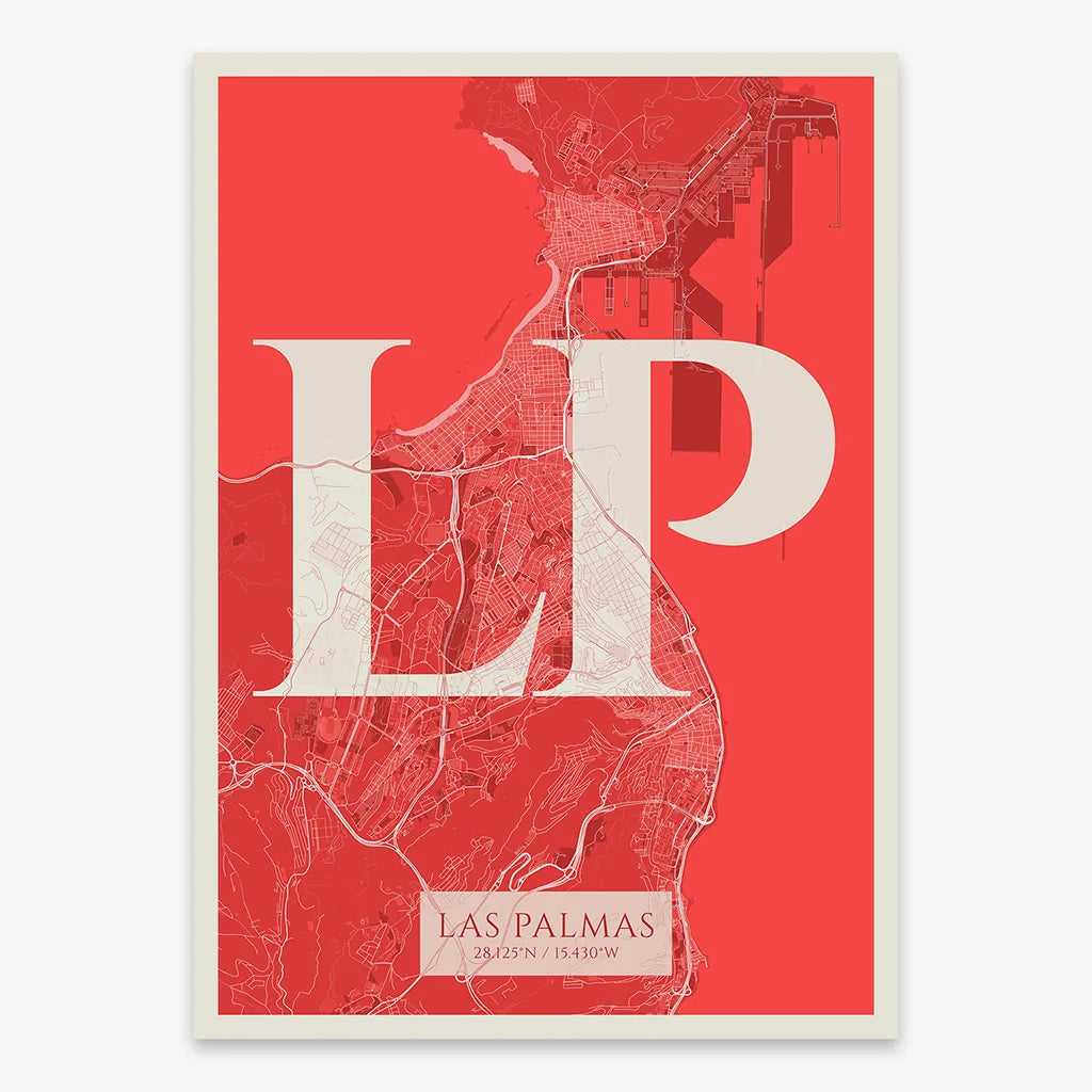 Decorative map of Las Palmas composed with letters in serif font printed on red and an off-white background