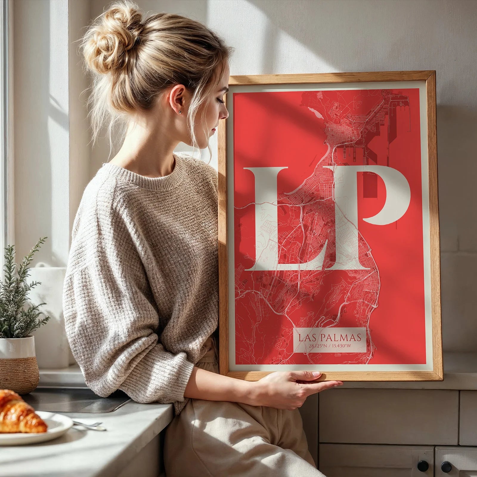 Modern interior design with a Las Palmas in Classic design, inspired by chiseled typography with an elegant font that creates a beautiful visual contrast designed in red and an off-white background, displayed on a living room wall