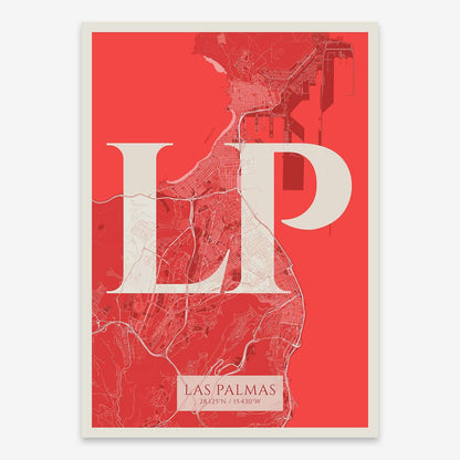 The map of Las-Palmas composed with letters in serif font printed on red and an off-white background