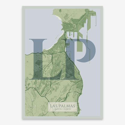 The map of Las-Palmas composed with letters in serif font printed on two green tones