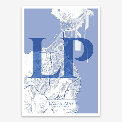 The map of Las-Palmas composed with letters in serif font printed on navy blue and white