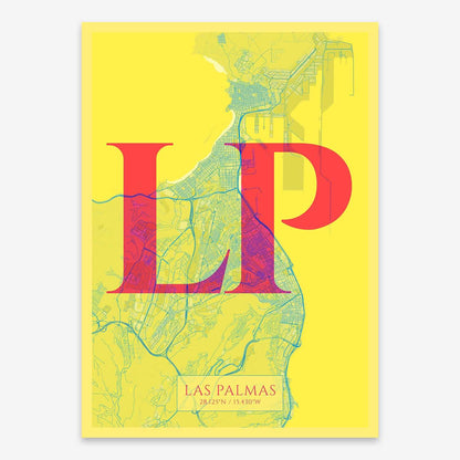 The map of Las-Palmas composed with letters in serif font printed on yellow and fuchsia