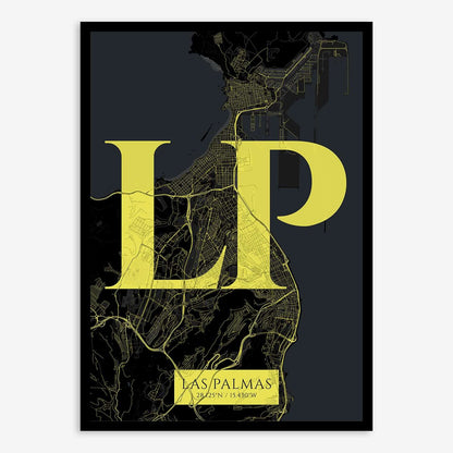 The map of Las-Palmas composed with letters in serif font printed on black and yellow