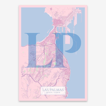 The map of Las-Palmas composed with letters in serif font printed on pink and light blue