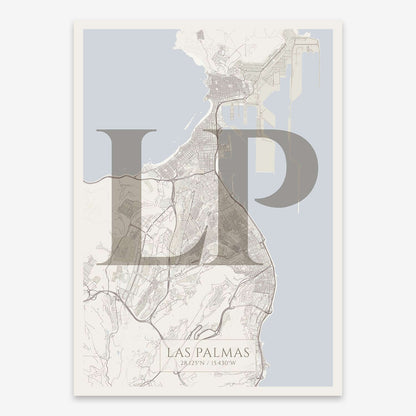 The map of Las-Palmas composed with letters in serif font printed on light brown and an off-white background