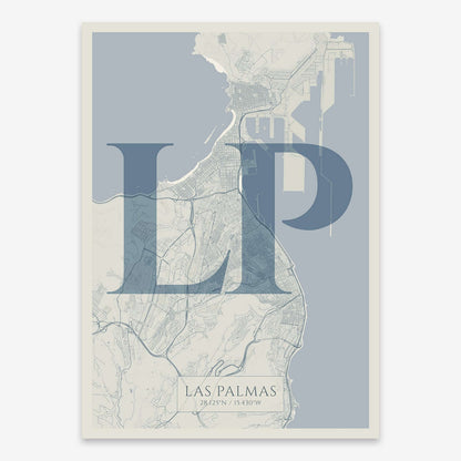 The map of Las-Palmas composed with letters in serif font printed on bluish gray and an off-white background