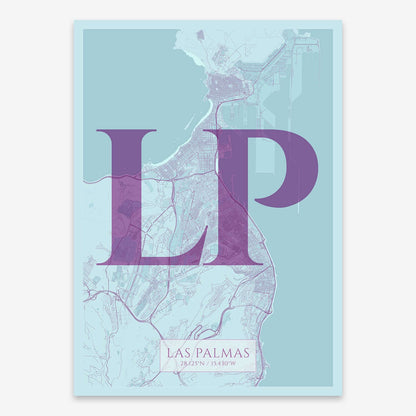 The map of Las-Palmas composed with letters in serif font printed on purple and light blue