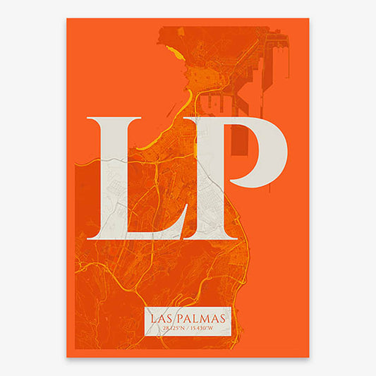 Decorative map of Las Palmas composed with letters in serif font printed on orange and an off-white background