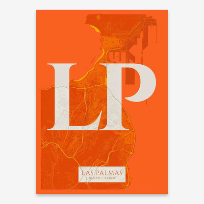 The map of Las-Palmas composed with letters in serif font printed on orange and an off-white background