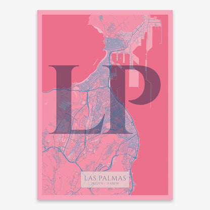 The map of Las-Palmas composed with letters in serif font printed on violet y pink background
