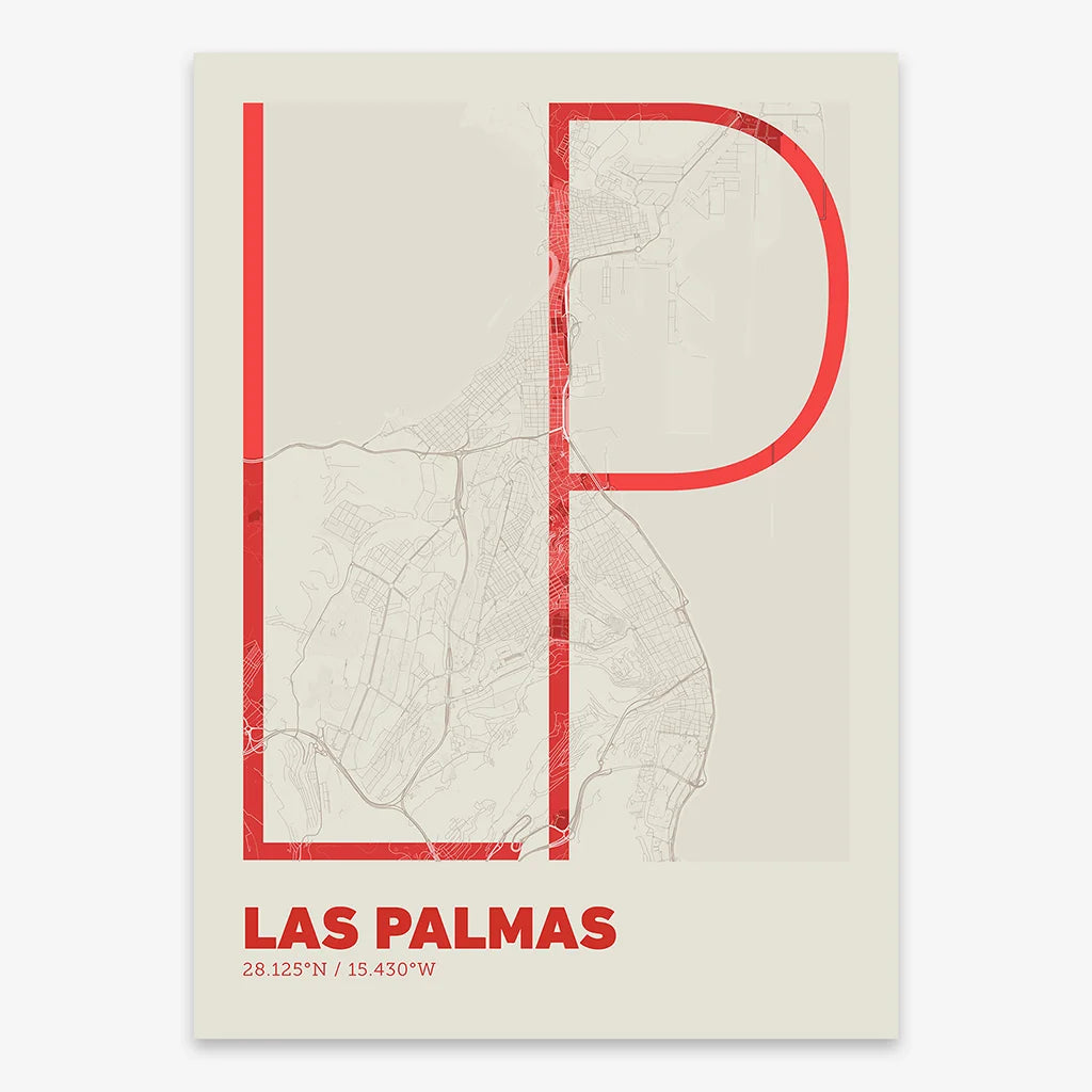 Poster of Las Palmas composed with letters in extra light font printed on red and an off-white background
