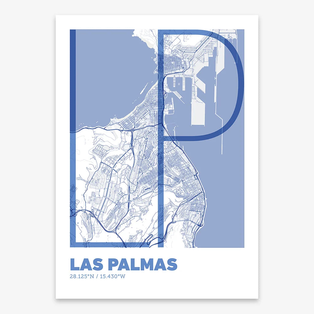 Poster of Las Palmas composed with letters in extra light font printed on navy blue and white